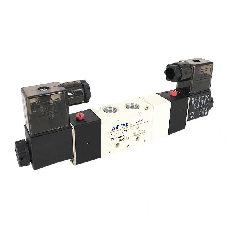 AirTAC internal pilot solenoid valve, 3-position 5-way center-through, double solenoid, DIN socket; 4V230E08C