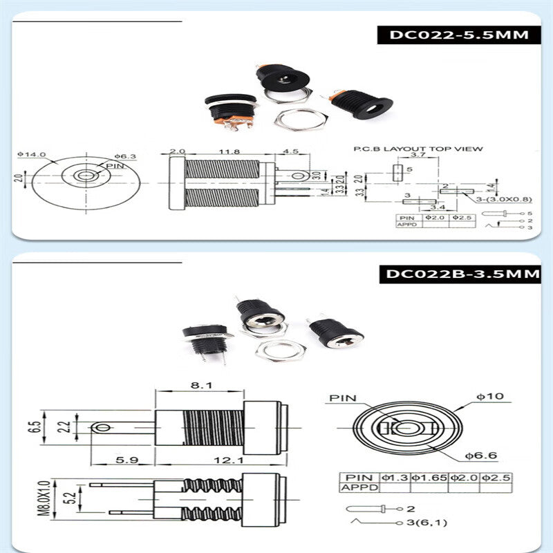 Ouhuayuan Multi-Specification DC Power Plugs and Sockets 002/005 3.5-1.1mm 5.5-2.1mm DC 10pcs DC-022 5.5*2.1mm