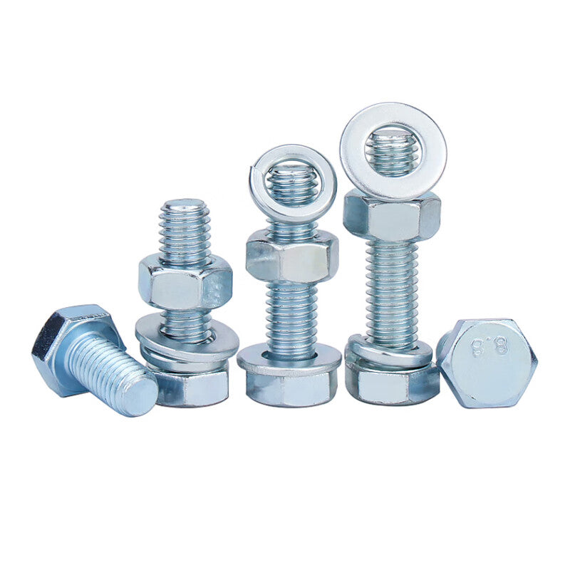 Deqi Blue and White Zinc Hex Head Bolts, Flat Spring Washer Nuts, Full Thread Four-Piece Combination Screws, Blue and White Zinc Hex Head Bolts M5*10 (30 pieces)