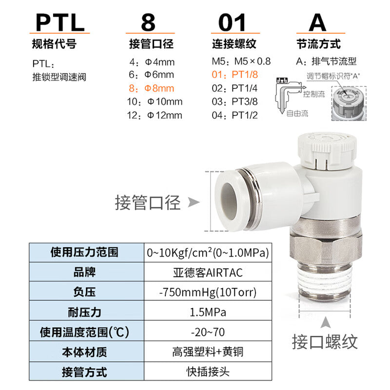 AirTac Push-Lock Speed-Regulating Valve PTL803A