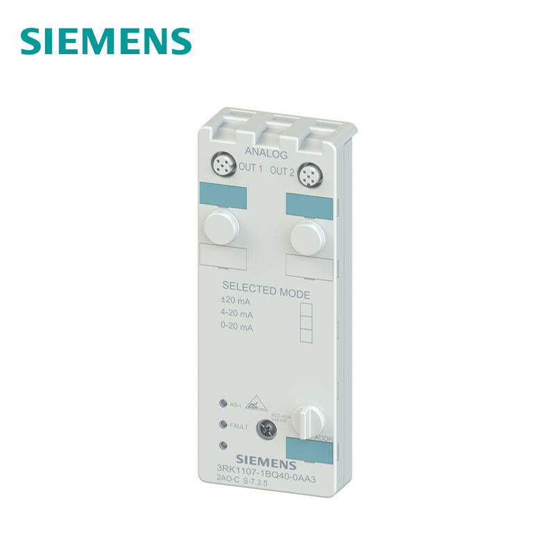 Siemens analog AS-i compact module K60, 2AQ, IP67 2x1 output, current 0..20mA, 4..20mA, +/-20mA for two-wire actuators 2 M12 sockets Mounting plate 3RK1901-0CA00 must be ordered separately; 3RK11071BQ400AA3