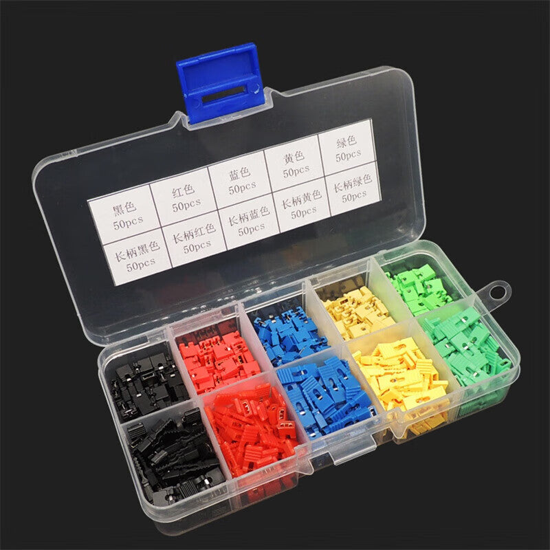 Double Platinum (10 types, 500 pieces total) jumper caps, shorting caps, 2.54mm spacing, block pin header connectors, long shank caps. Unit: piece.