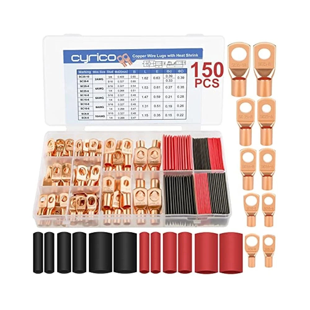 150-Pc Battery Cable End Kit, AWG 2-10, with Terminals & Heat Shrink