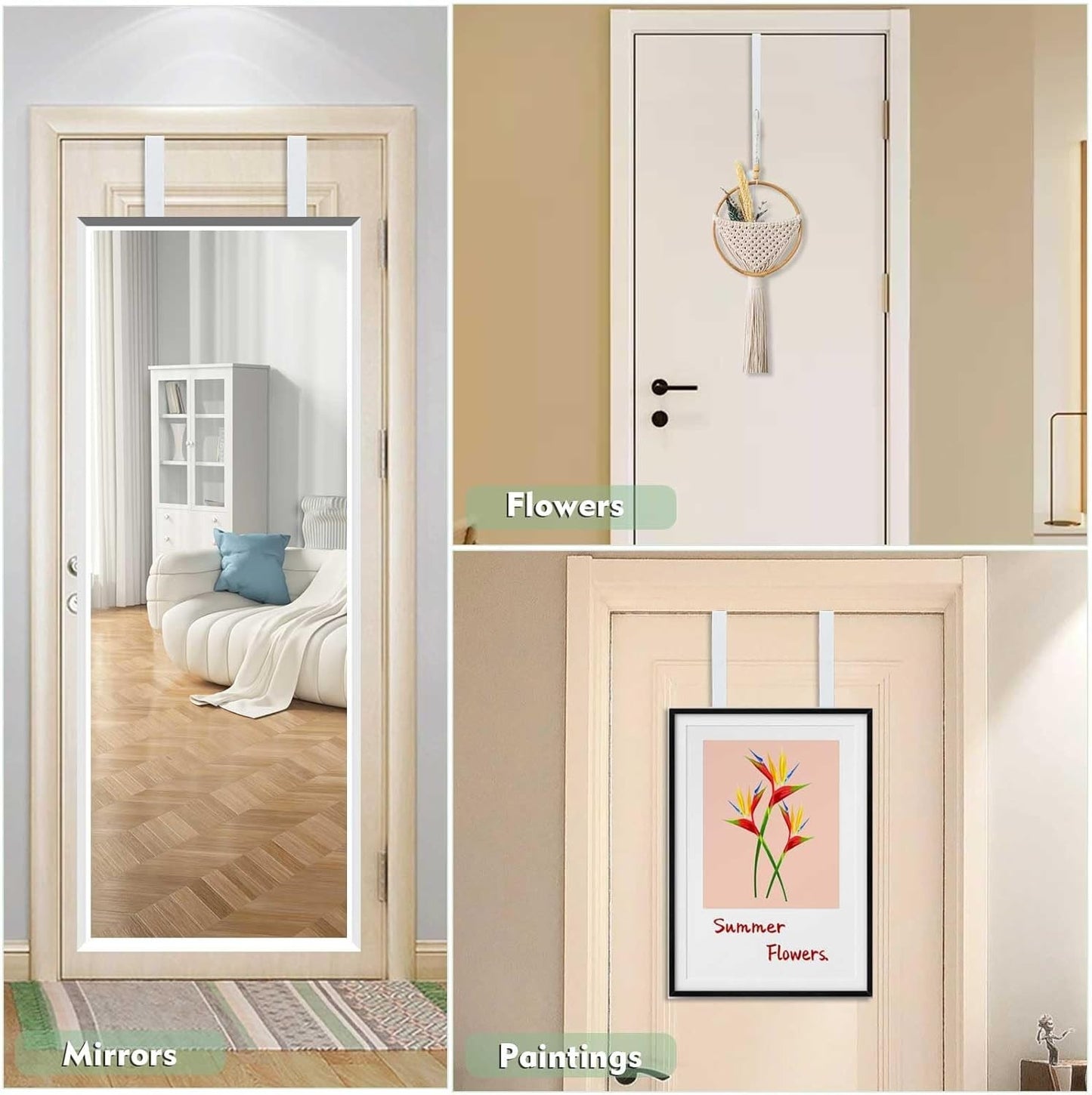 Over-Door Mirror Hanger Set, 2 Adjustable Brackets with Protective Lining, White