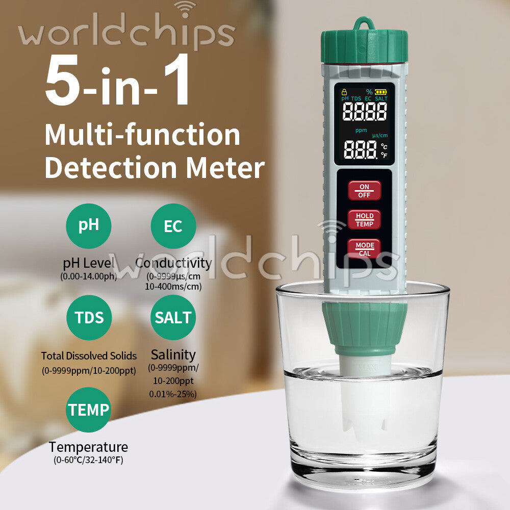 PH/EC/TDS/Salinity/Temperature 5-in-1 High Precision Digital Water Quality Meter