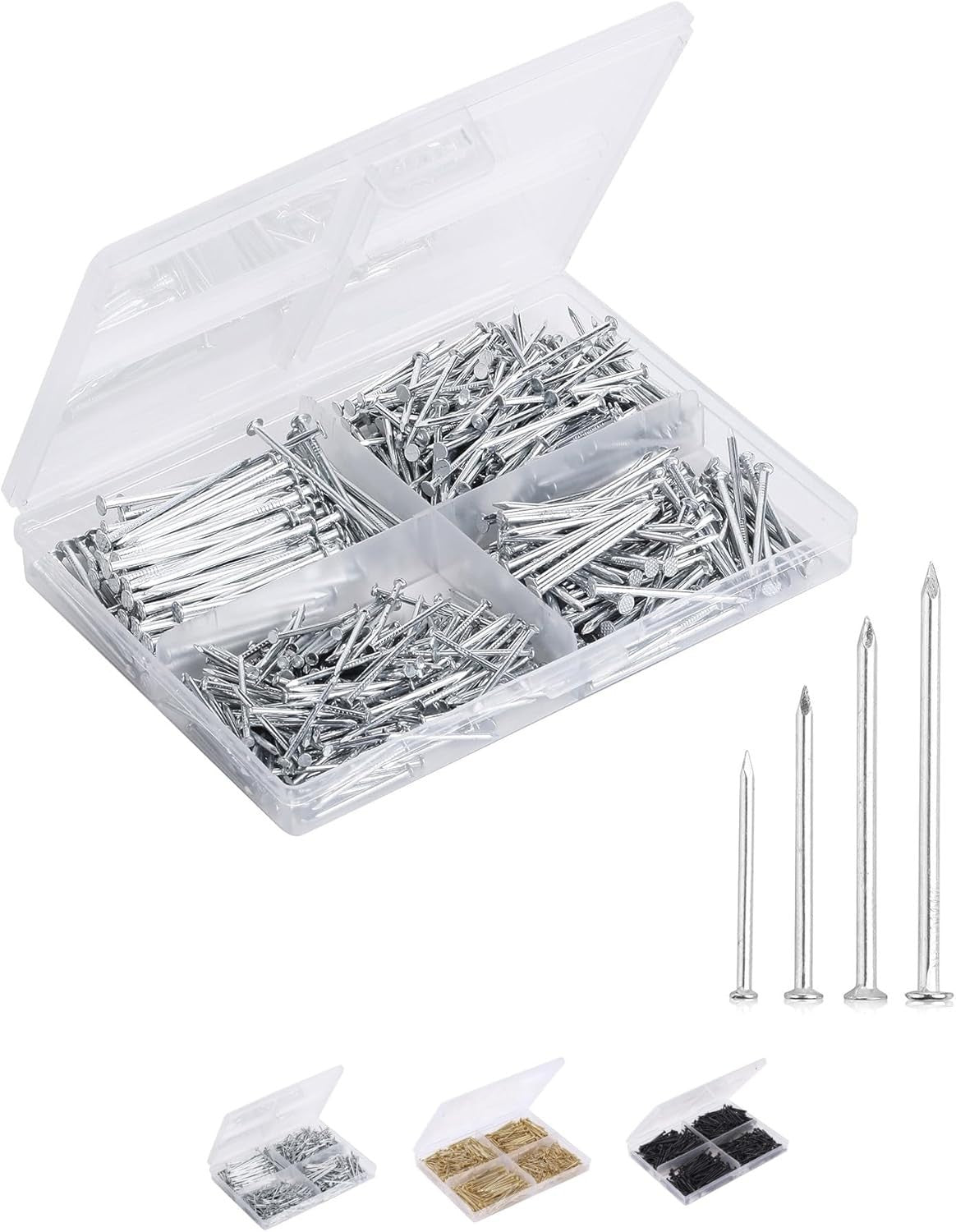 600-Piece Nail Assortment Kit, 4 Sizes, Silver, for Hanging Pictures, Finishing