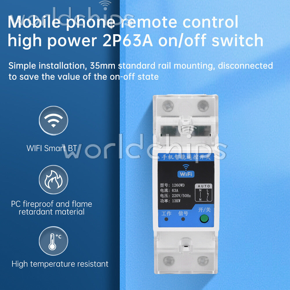AC220V 2P63A On/Off Breaker TUYA WIFI Bluetooth Switching Power Circuit Breaker