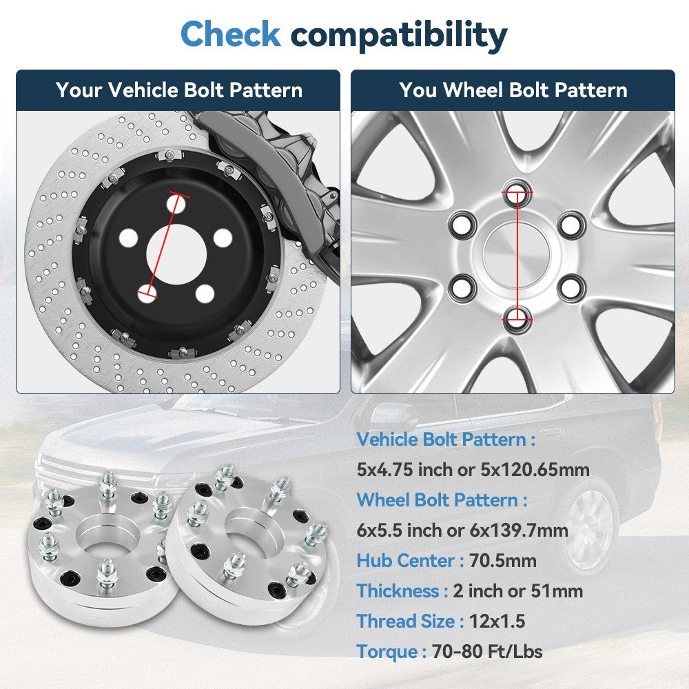 4 Pcs 2" 5x4.75 to 6x5.5 Wheel Adapters 12x1.5 For Chevrolet GMC 5 Lug to 6 Lug