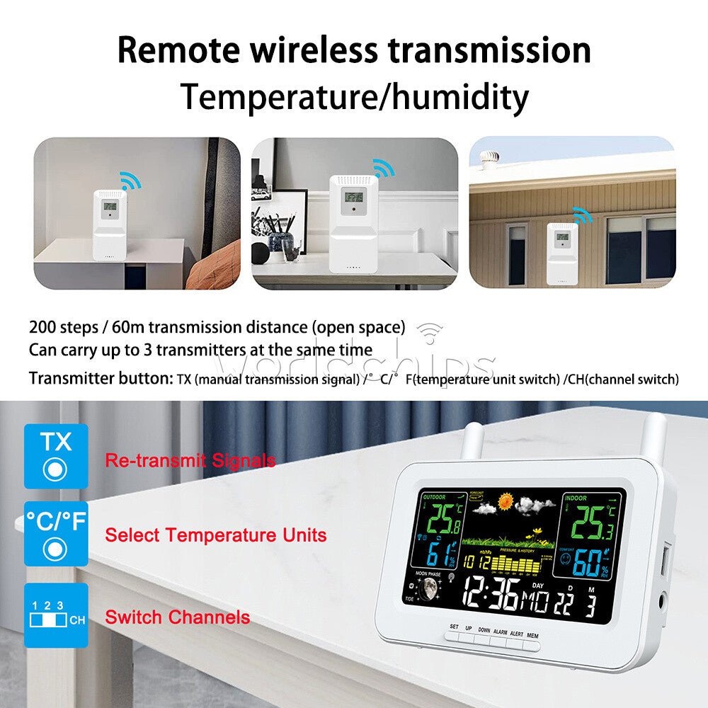 Wireless Thermometer Hygrometer Weather Station Color Screen Clock Calendar