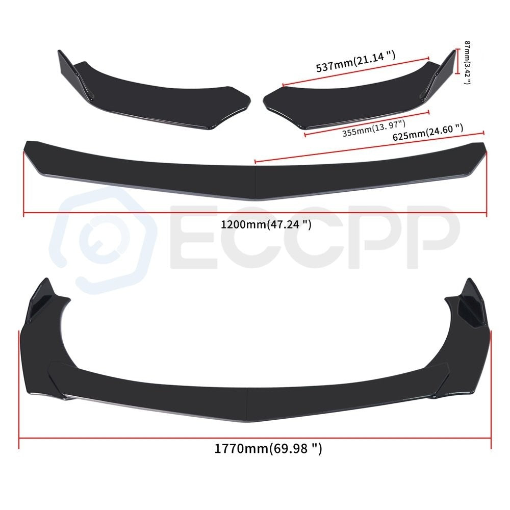 Black Front Bumper Spoiler Body Kit / 86" Side Skirt /Rear Lip Fit For Universal