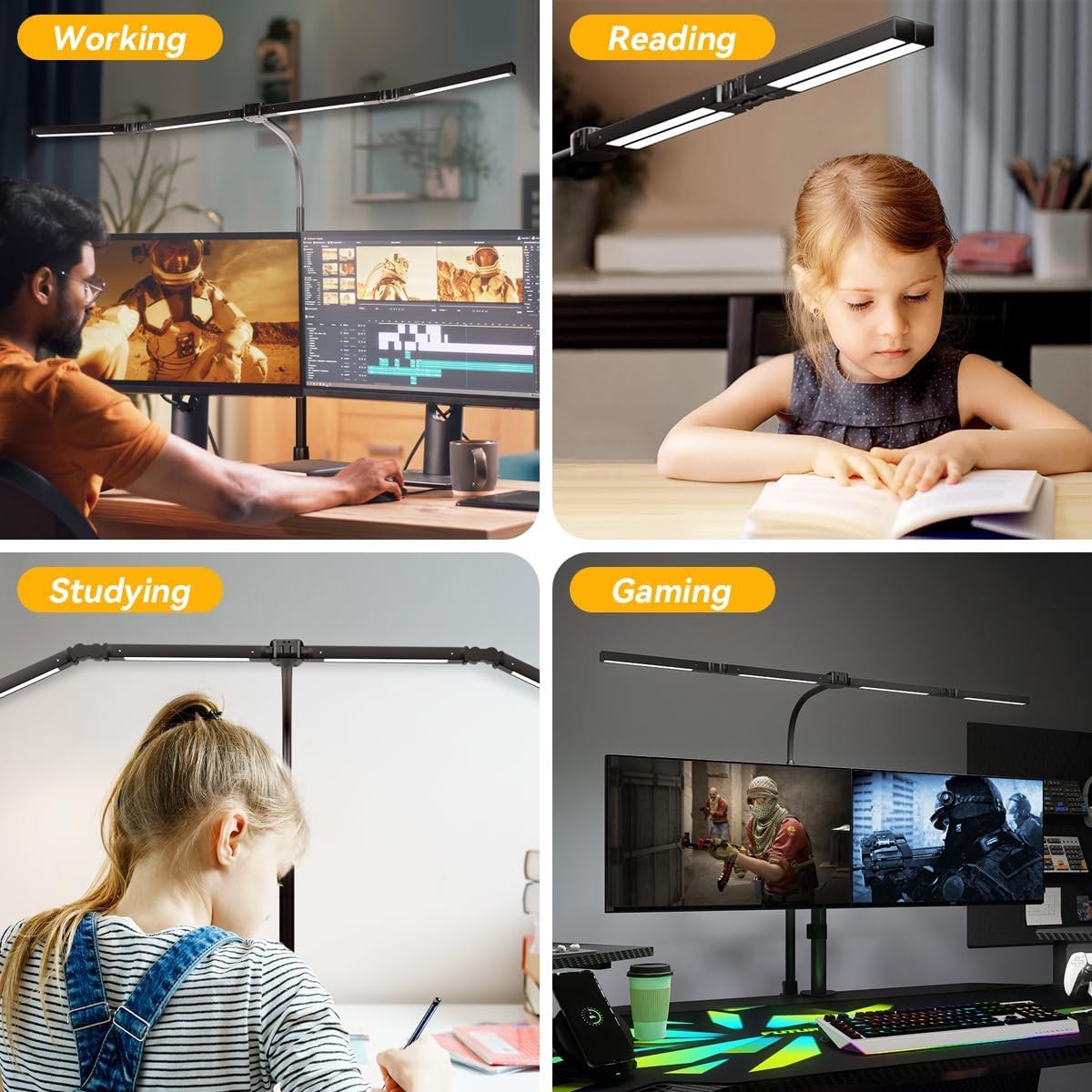 Adjustable LED Desk Lamp, Stepless Dimming & Color Temp, Clamp Base
