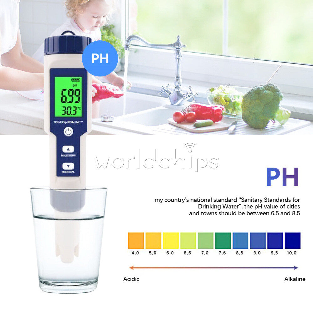 5in1 TDS/EC/PH/Salinity/Temperature Meter Digital Water Quality Monitor Tool