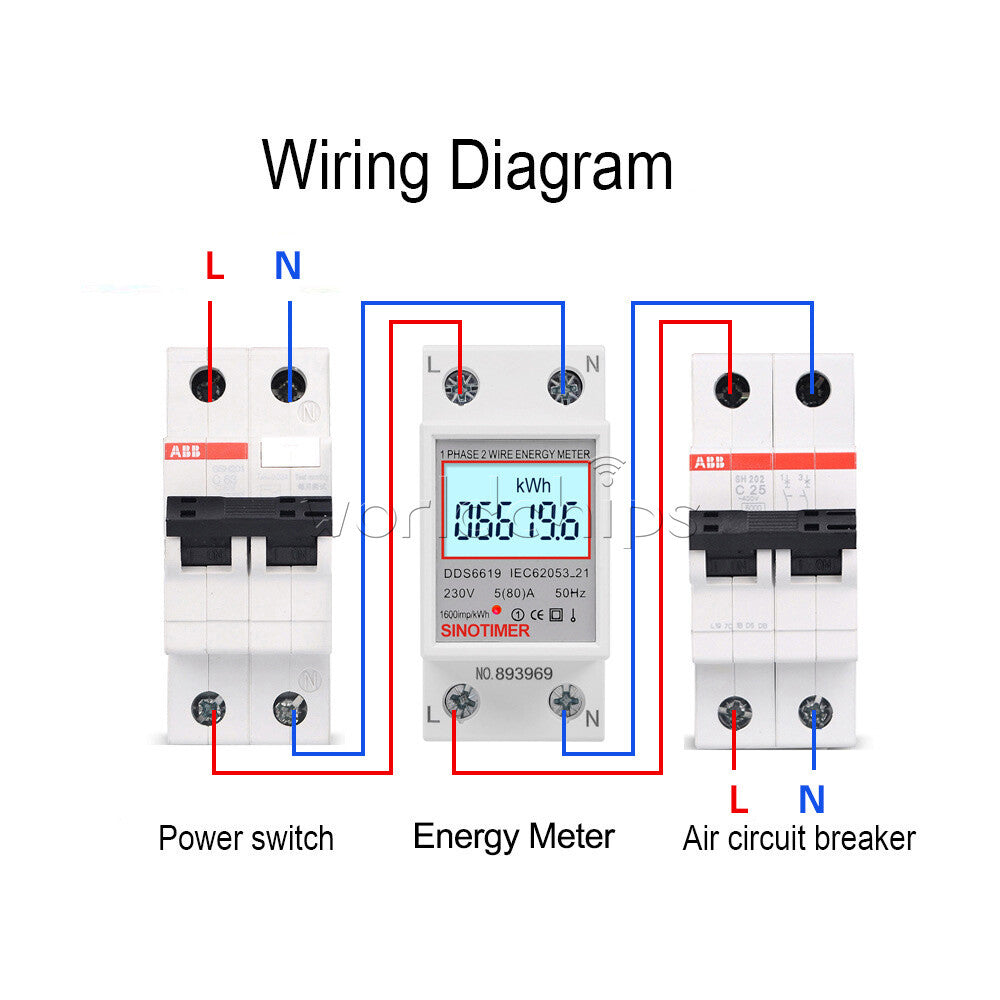 DDS6619 5-80A 230V LCD Digital Single Phase Energy Watt KWh Meter DIN Rail Mount