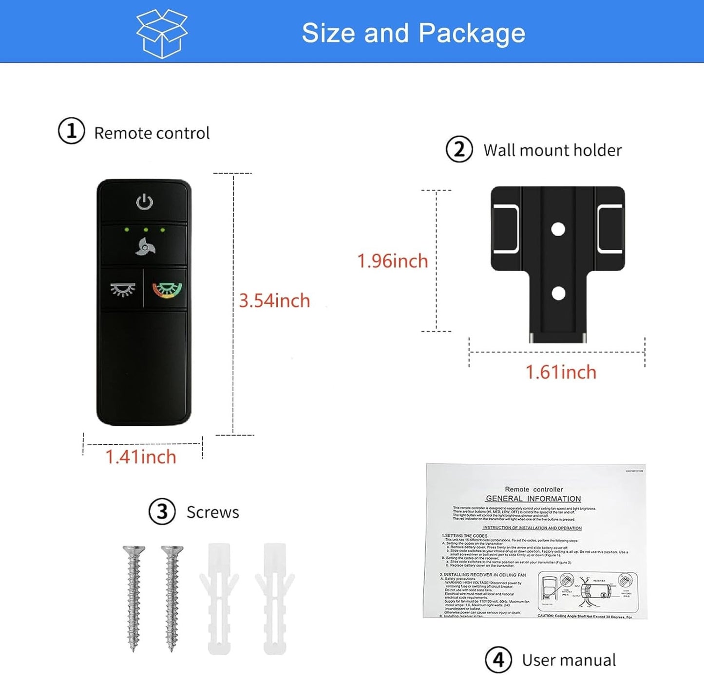 Ceiling Fan Remote Control Replacement, 3-Speed & Dimmer, 4 Dip Switches