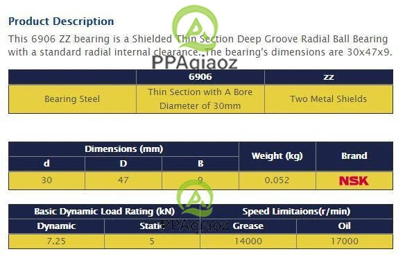 1PC NSK 6906 ZZ Deep Groove Radial Ball Bearing 30x47x9mm #P