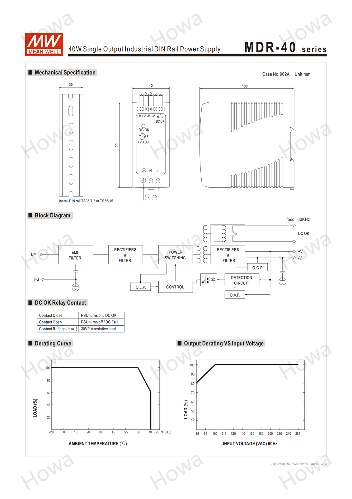 Mean Well Switching Power Supply Module MDR-40 DIN Rail Type 5V12V24V48V DC 40W