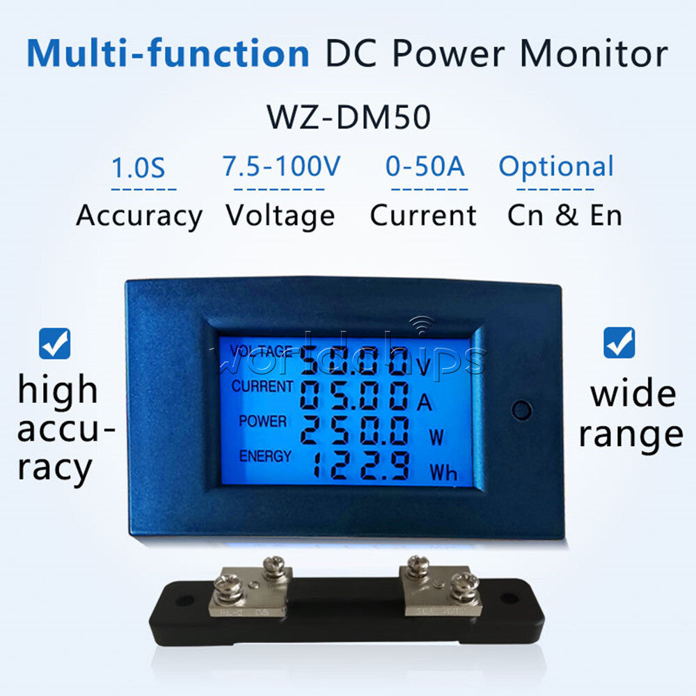 DC 100V 50A Voltage Current Power Energy Monitor Watt Meter LCD Digital + Shunt