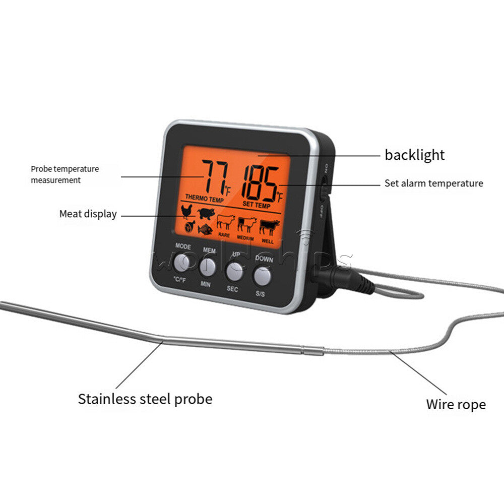 Digital Oven Thermometer Kitchen Meat Thermometer Countdown/ Timer LCD Backlight