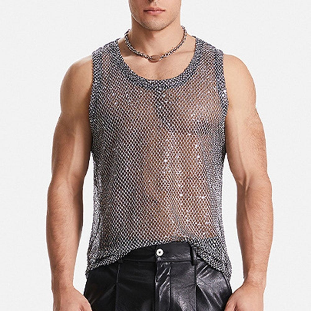 Men's Black Fishnet Party Tops Sexy Glitter Sheer See Through Tank Sizes S 3XL