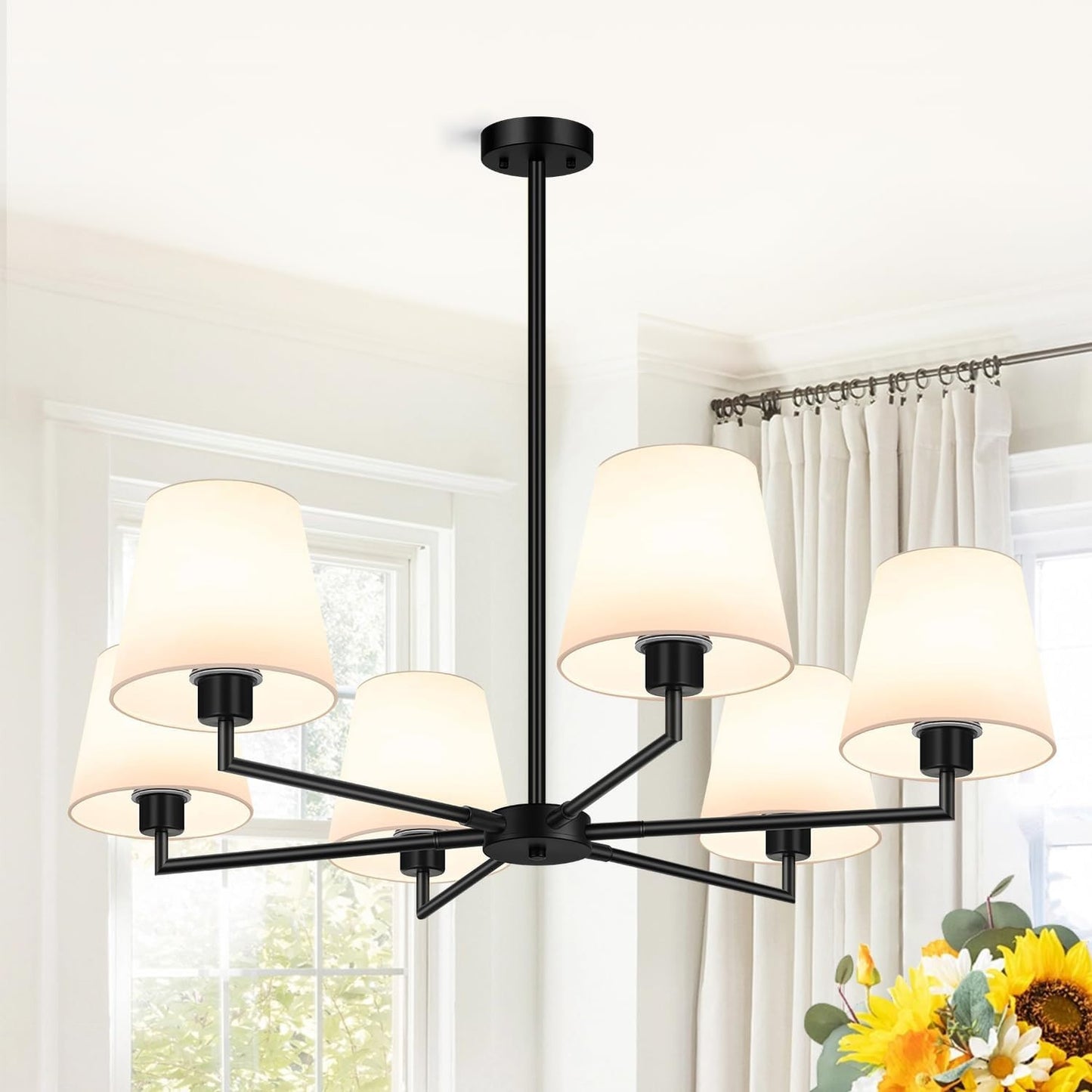 36 Inch Black 6-Light Chandelier, White Fabric Shade, No Assembly Required
