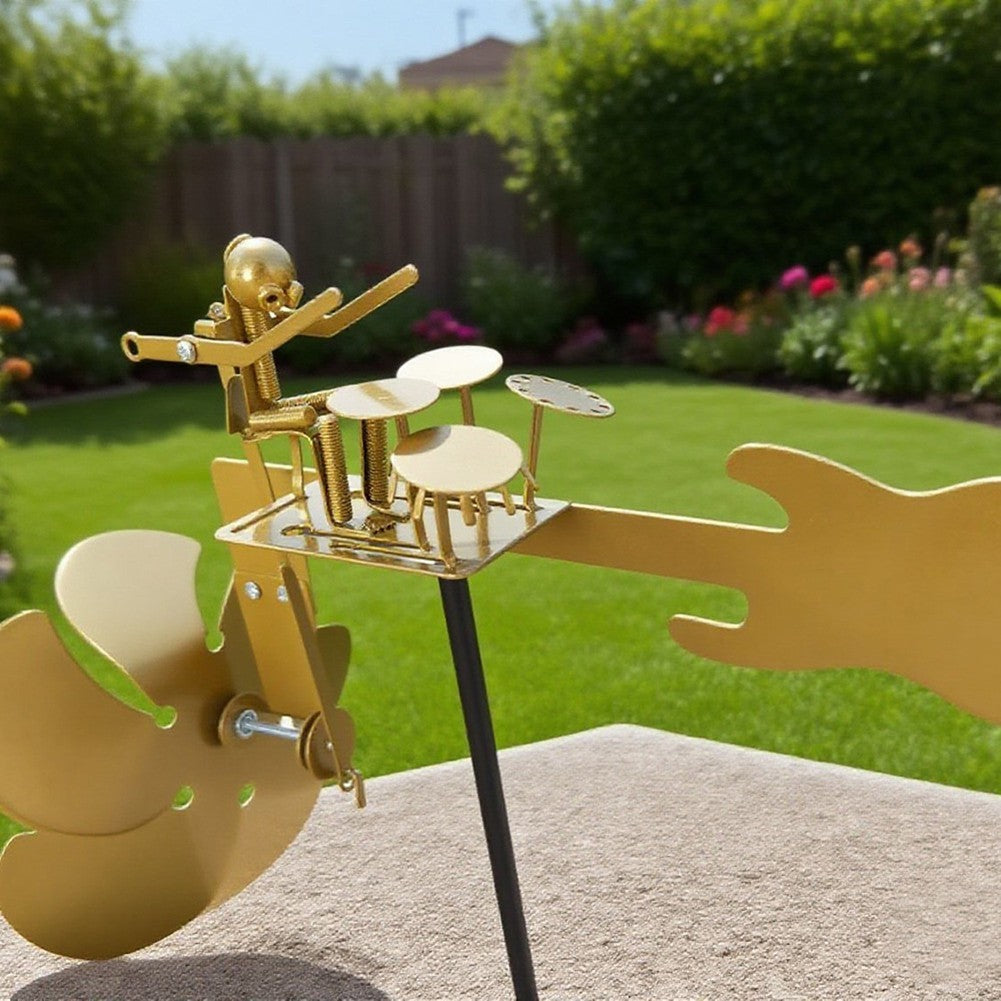 Outdoor Handmade Metal Drummer Windmill Garden Art with Realistic Movement