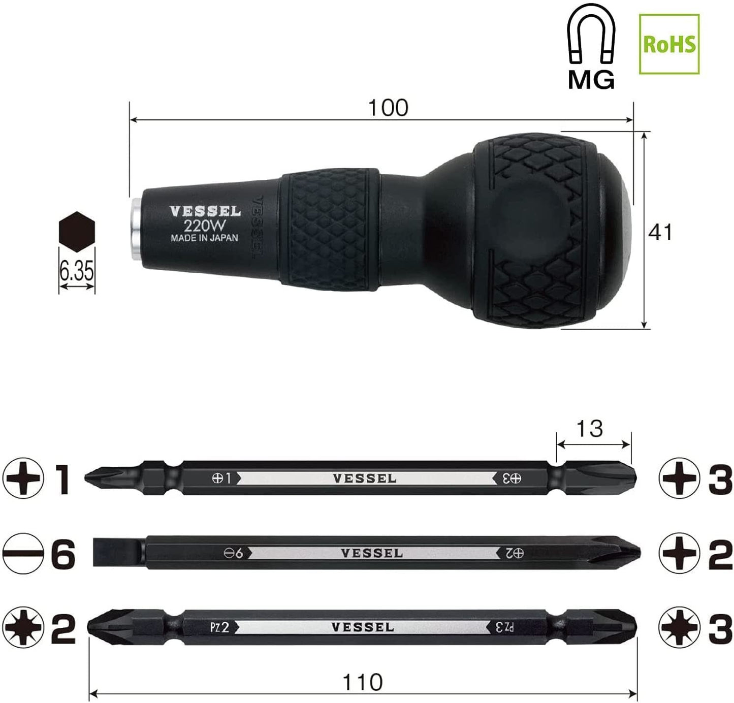 BALL GRIP 1/4" Hex. Bit Interchangeable Screwdriver (Bit 3PC. (+1, +3 / +2, -6 /