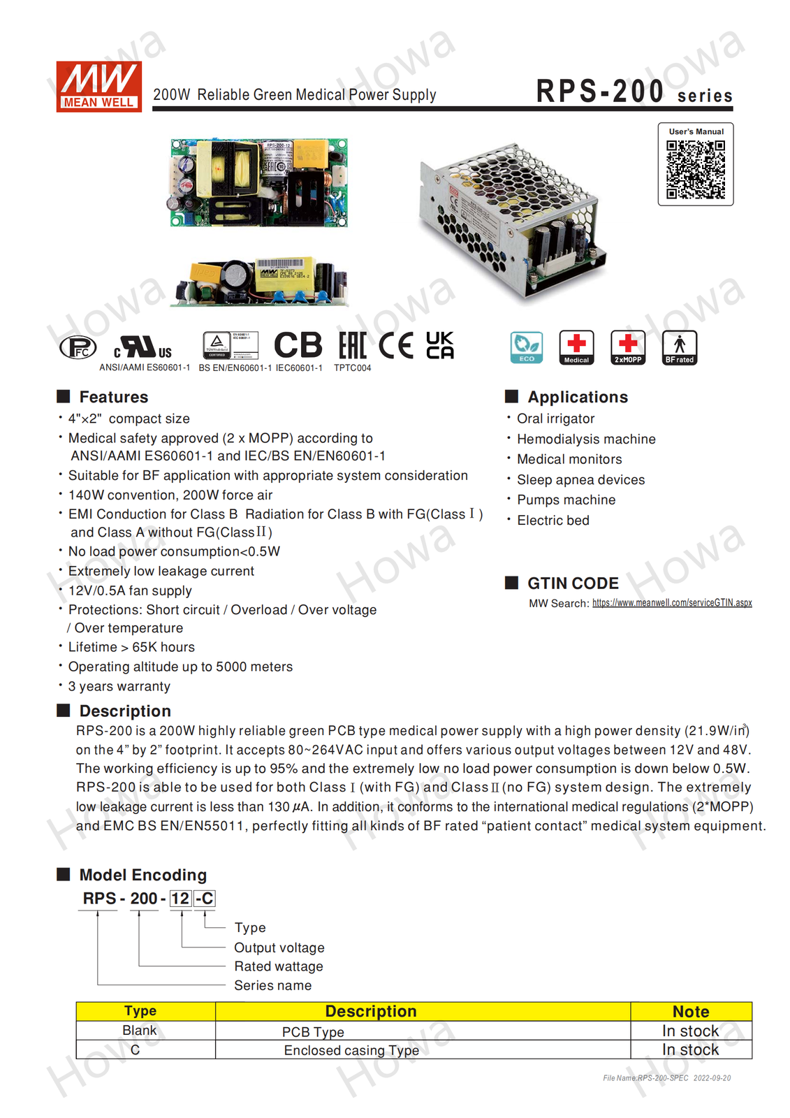 Mean Well RPS-200 Switching Power Supply Medical PCB Type 200W 12V15V24V48V27