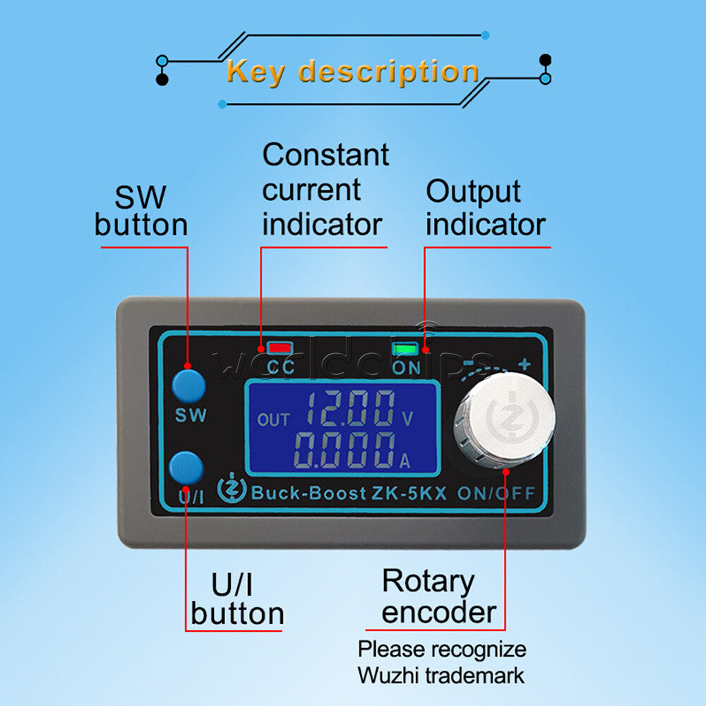 ZK-5KX CNC DC DC Buck Boost Converter CC CV 0.6-36V 5A Power Module Adjustable