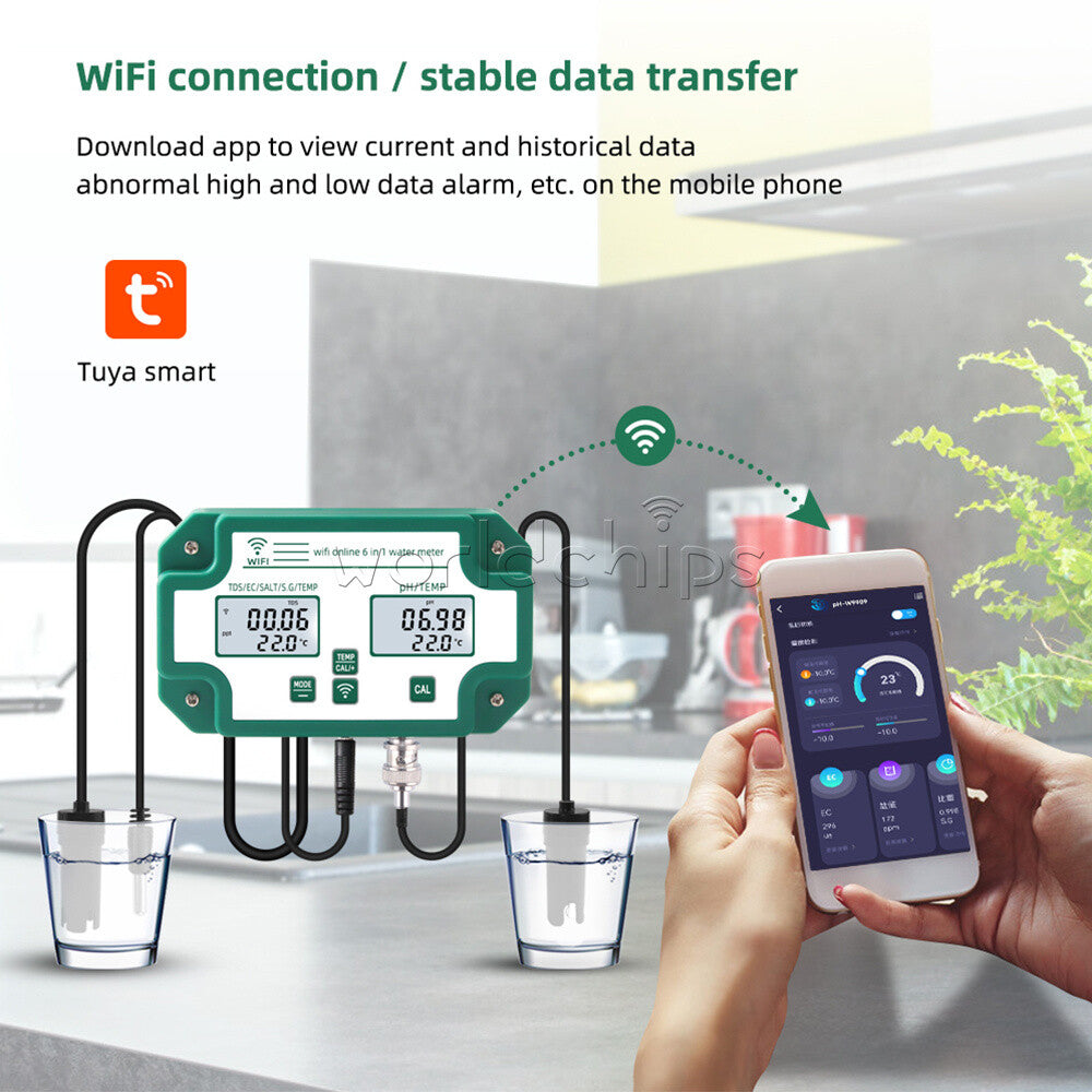 6-in-1 Wifi Digital Water Quality Tester Water Analyzer PH/TDS/EC/SG/Salinity