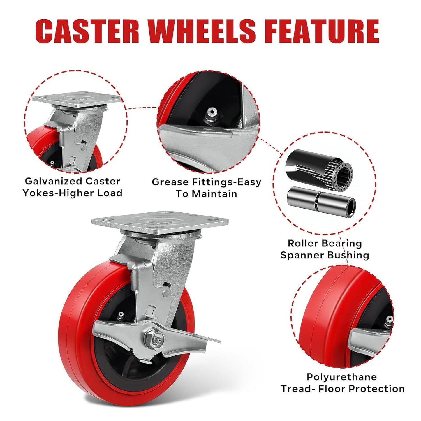 6"x2" Heavy Duty Casters, Set of 4 - 3600 lb Capacity, Polyurethane