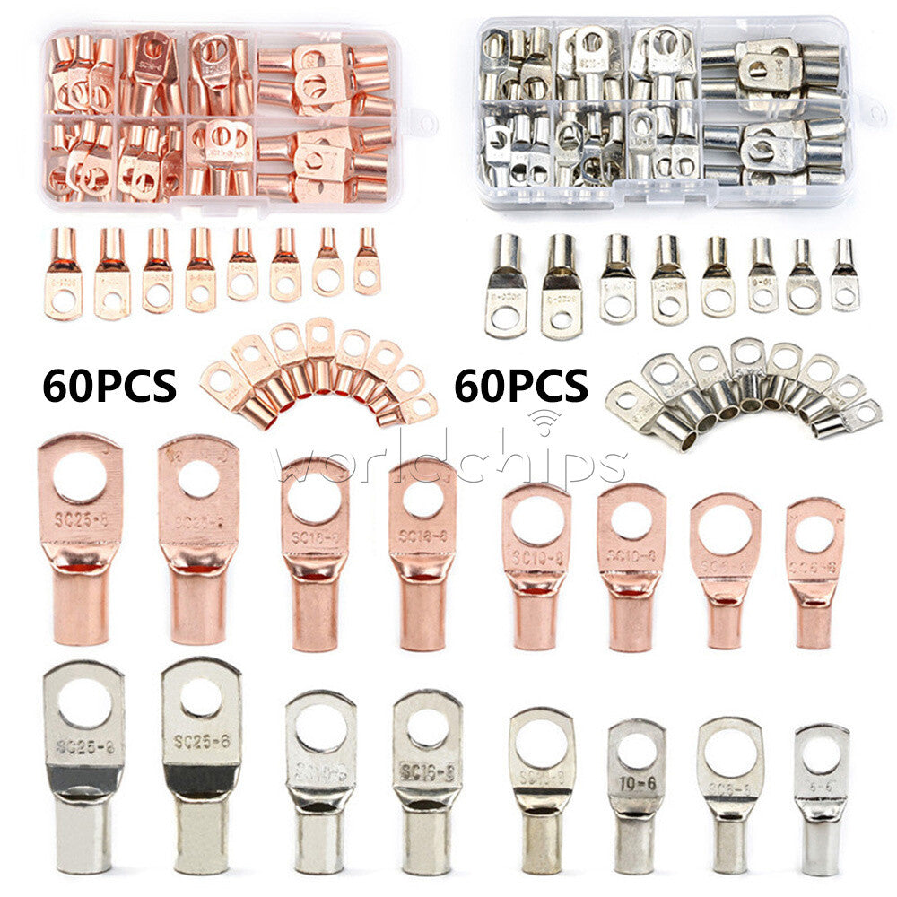 60PCS Battery Lugs Terminal Ring Connector Tinned Copper Wire Terminals Kit