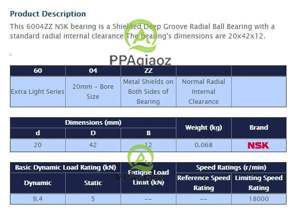 5PCS NSK 6004 ZZ Deep Groove Radial Ball Bearing 20x42 x12mm #P