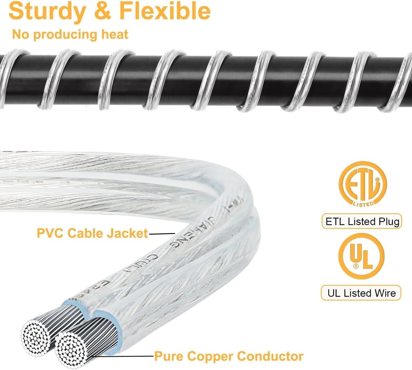 2 Pack Clear Extension Cord with Ul-Certified, 10 Feet Male to Female Extension