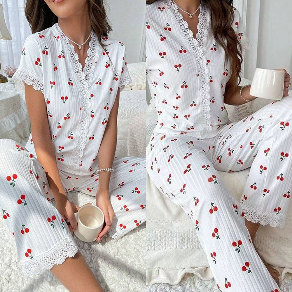 Women Lace Trim Short Sleeve Top Long Pants For Cherry Print 2 Piece Pajama Set