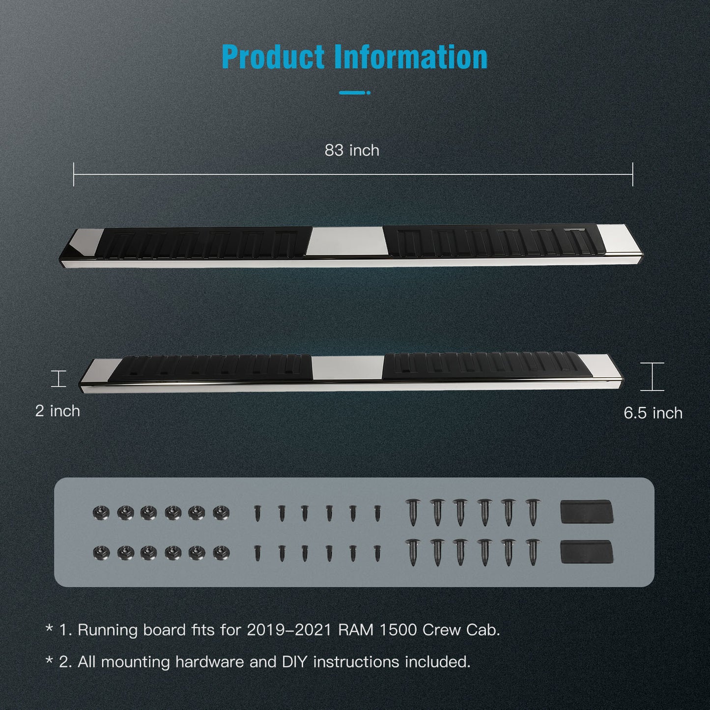 For 2019-2021 RAM 1500 Crew Cab 6" Side Steps Running Boards Nerf Bars Silver