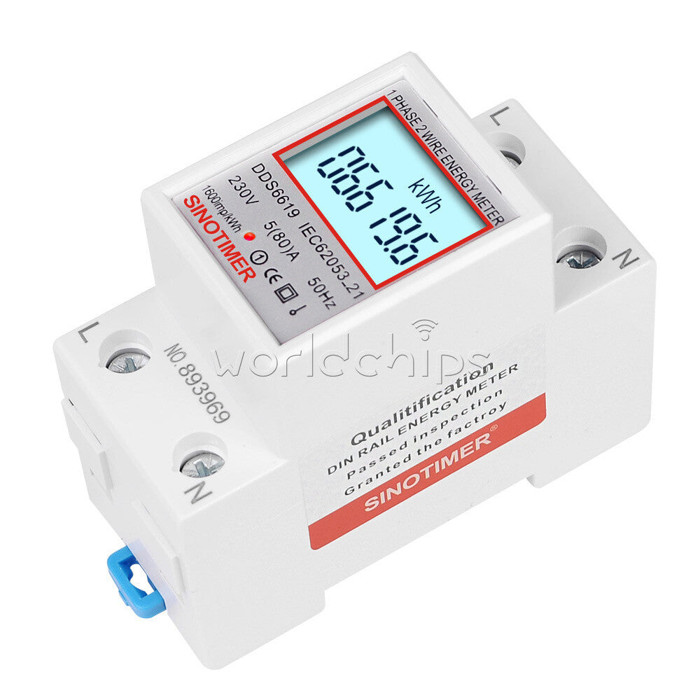 DDS6619 5-80A 230V LCD Digital Single Phase Energy Watt KWh Meter DIN Rail Mount