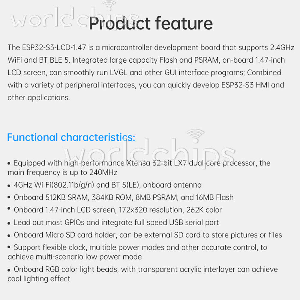 1.47-inch LCD ESP32-S3 WIFI Bluetooth Development Board I2C SPI USB Serial Port