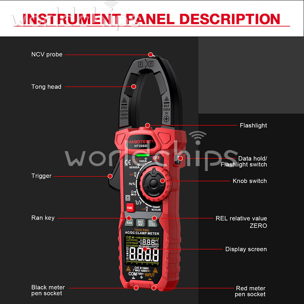 HABOTEST HT208A/D AC/DC Digital Clamp Meter Multimeter Capacitance Ohm Hz Tester