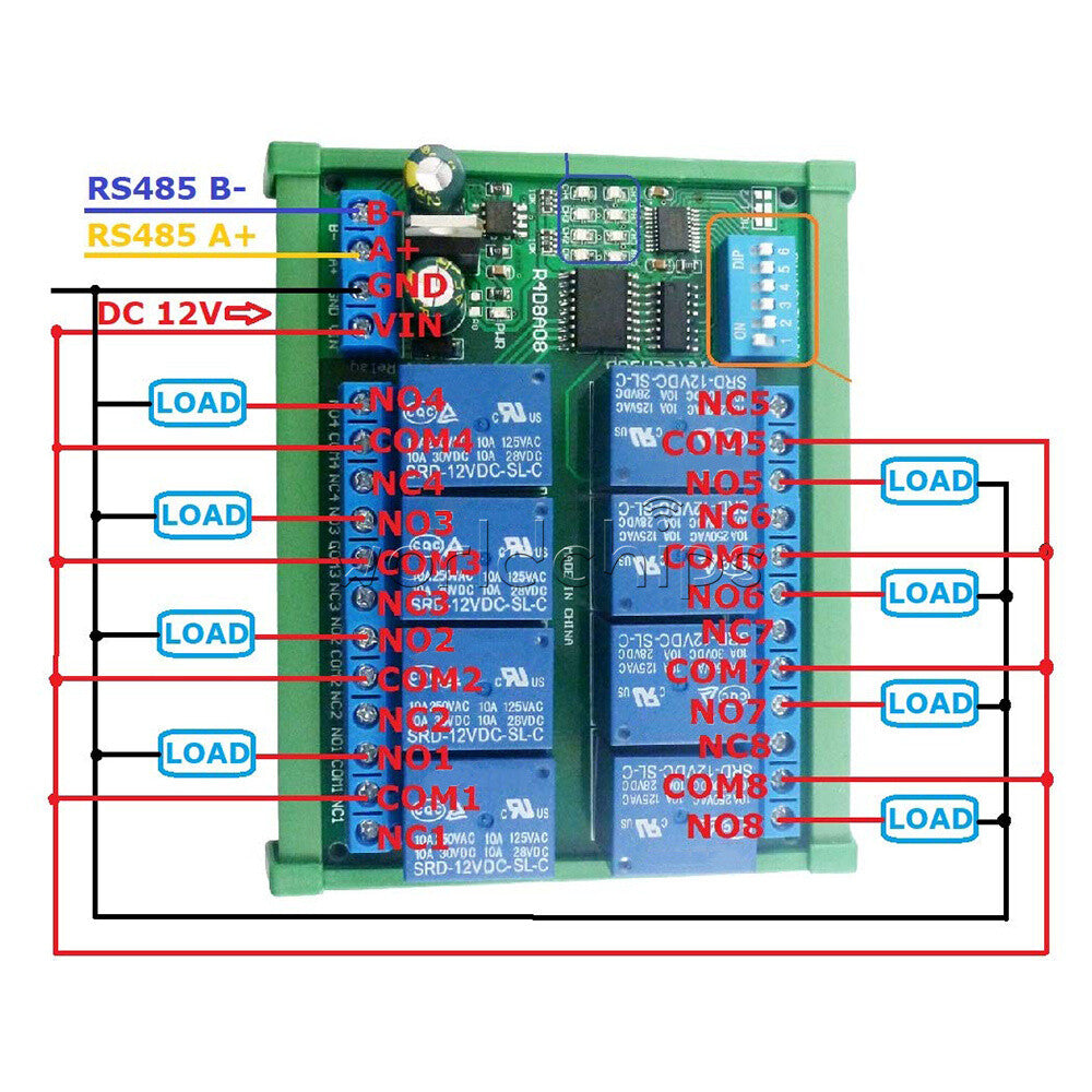 DC12V 8 Channel RS485 Relay Module Modbus RTU Board Controller +DIN rail Case