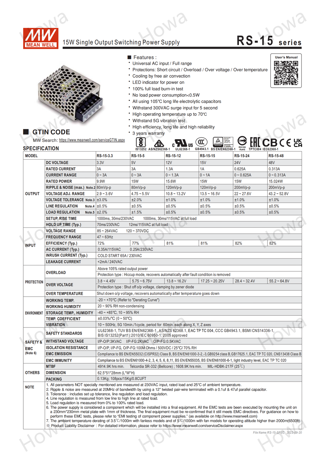 Mean Well RS-15 3A/1A Switching Power Supply Module 5/12V/24V/48 15W Low Power