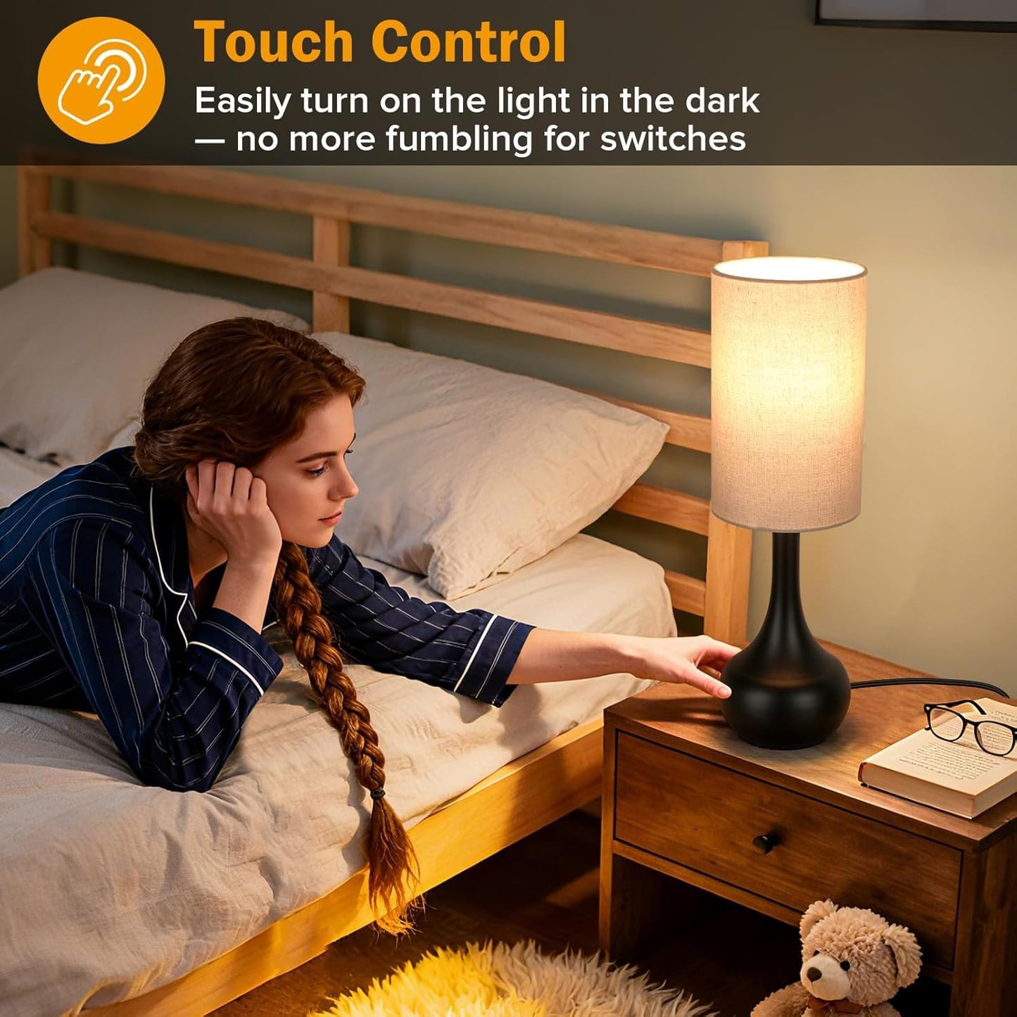 Touch Table Lamp for Nightstand, 3-Way Dimmable, Space Saving & No Assembly Requ