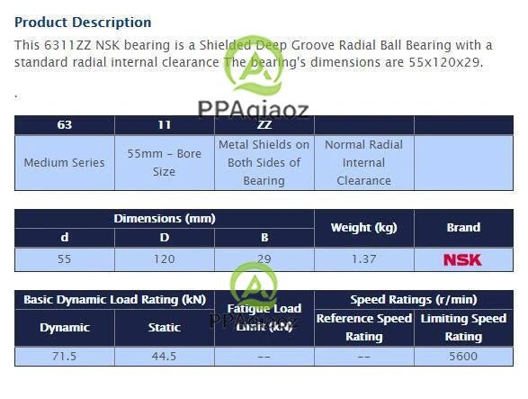 1PC NSK 6311 ZZ Deep Groove Radial Ball Bearing 55x120x29mm #P