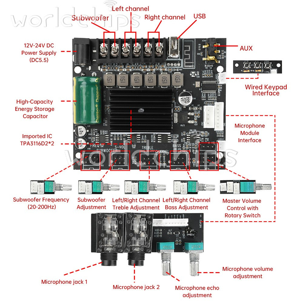 DC12-24V MT21S 2.1 Channel Bluetooth Amplifier Board Microphone Audio all-in-one