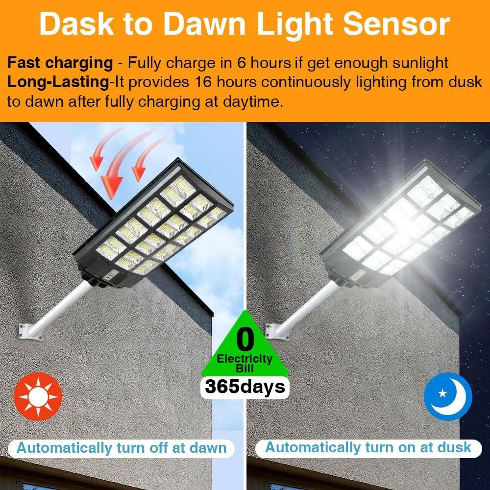 12000W Solar Street Light, 100000 Lumens Dusk to Dawn Motion Sensor