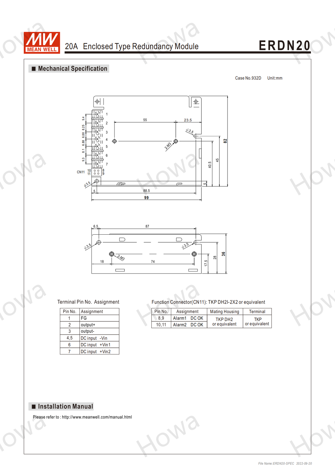Mean Well Switching Power Supply ERDN20-5 12 24 48V 20A DIN Redundancy Module