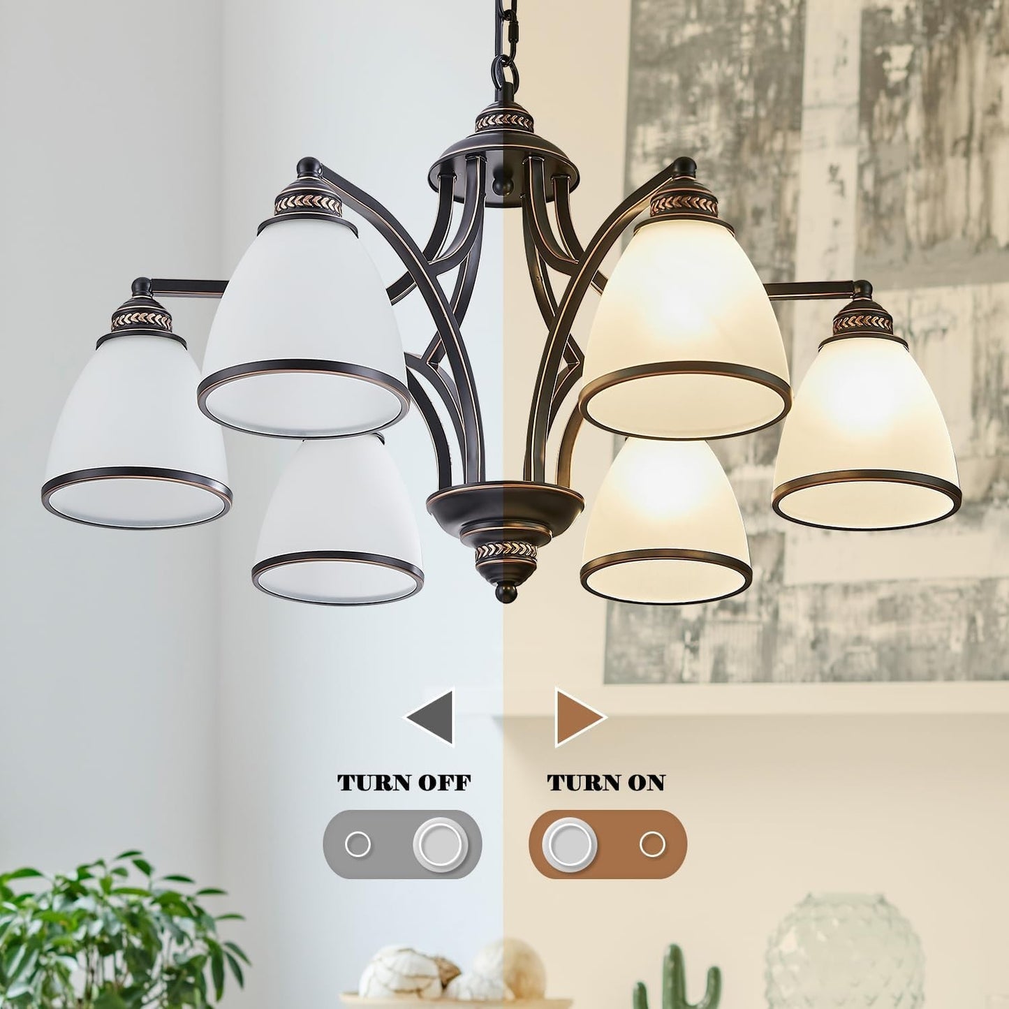 6-Light Chandelier with Frosted Glass, Black and Gold Strokes, 30 Inch