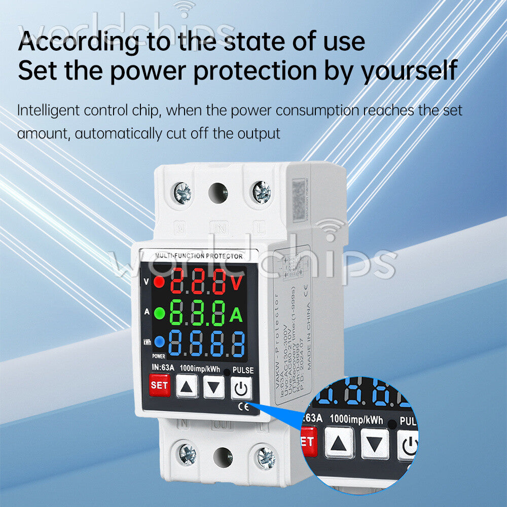35mm Rail Self-Reclosing Voltage Current Power Meter KWh Voltmeter Ammeter 63A