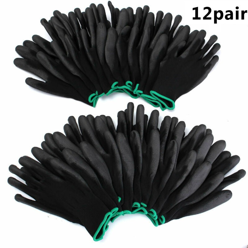 12Pairs Safety Coating Work Gloves Hand PU Nylon Antiskid Dust-proof
