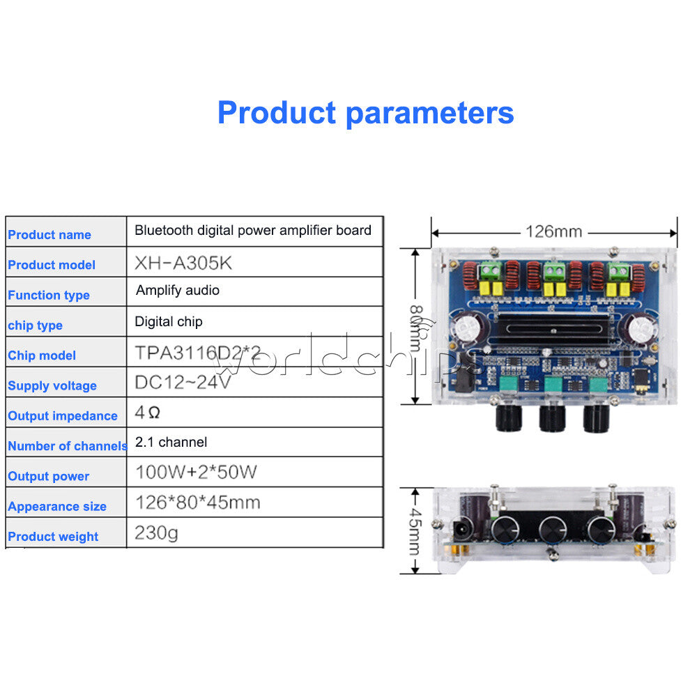 Bluetooth5.0 AUX TPA3116D2 Digital Power Amplifier Board 2.1 Channel 2*50W+100W