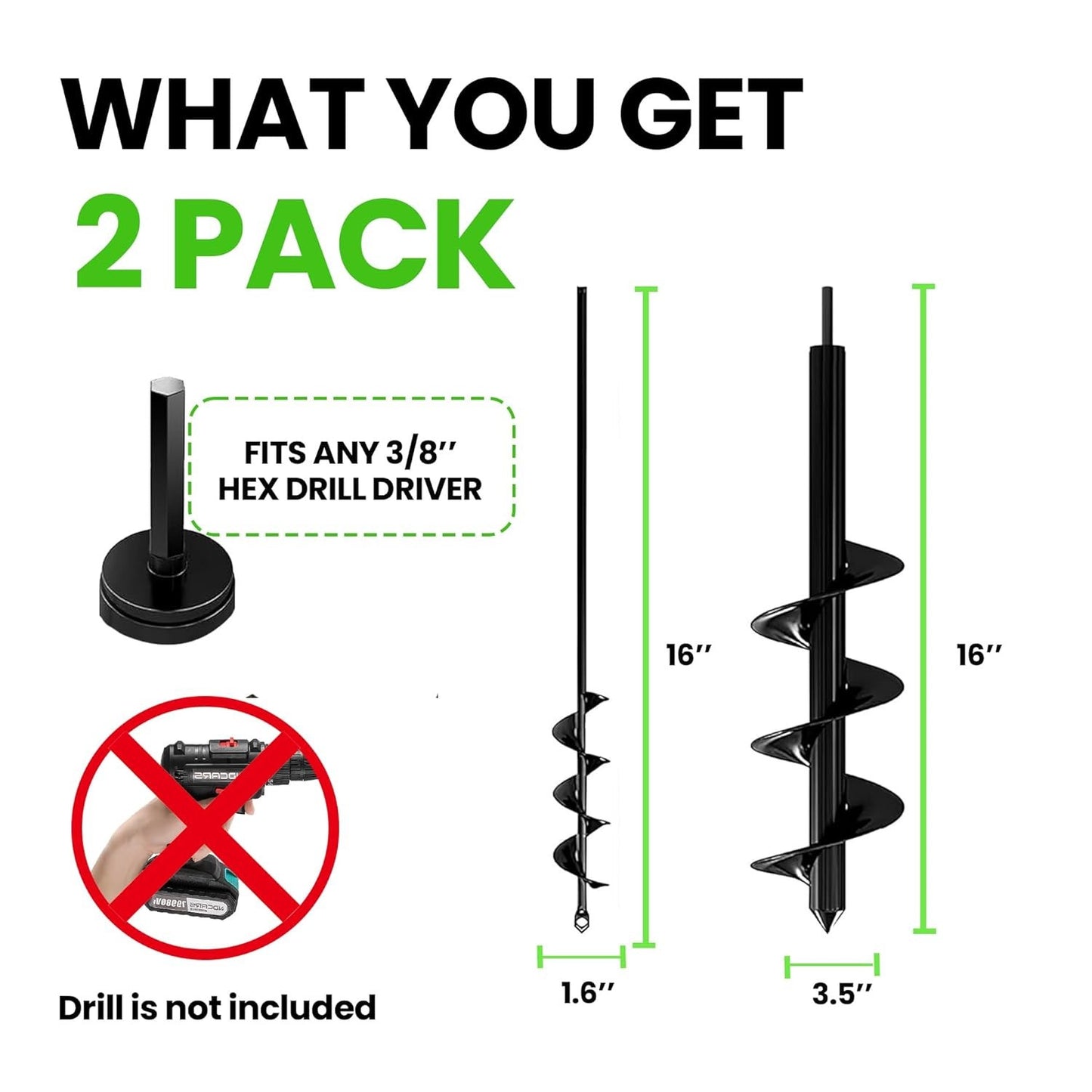 Auger Drill Bit for Planting 2 Pack 1.6 X 16 Inch & 3.5 X 16 Inch Set – Garden S